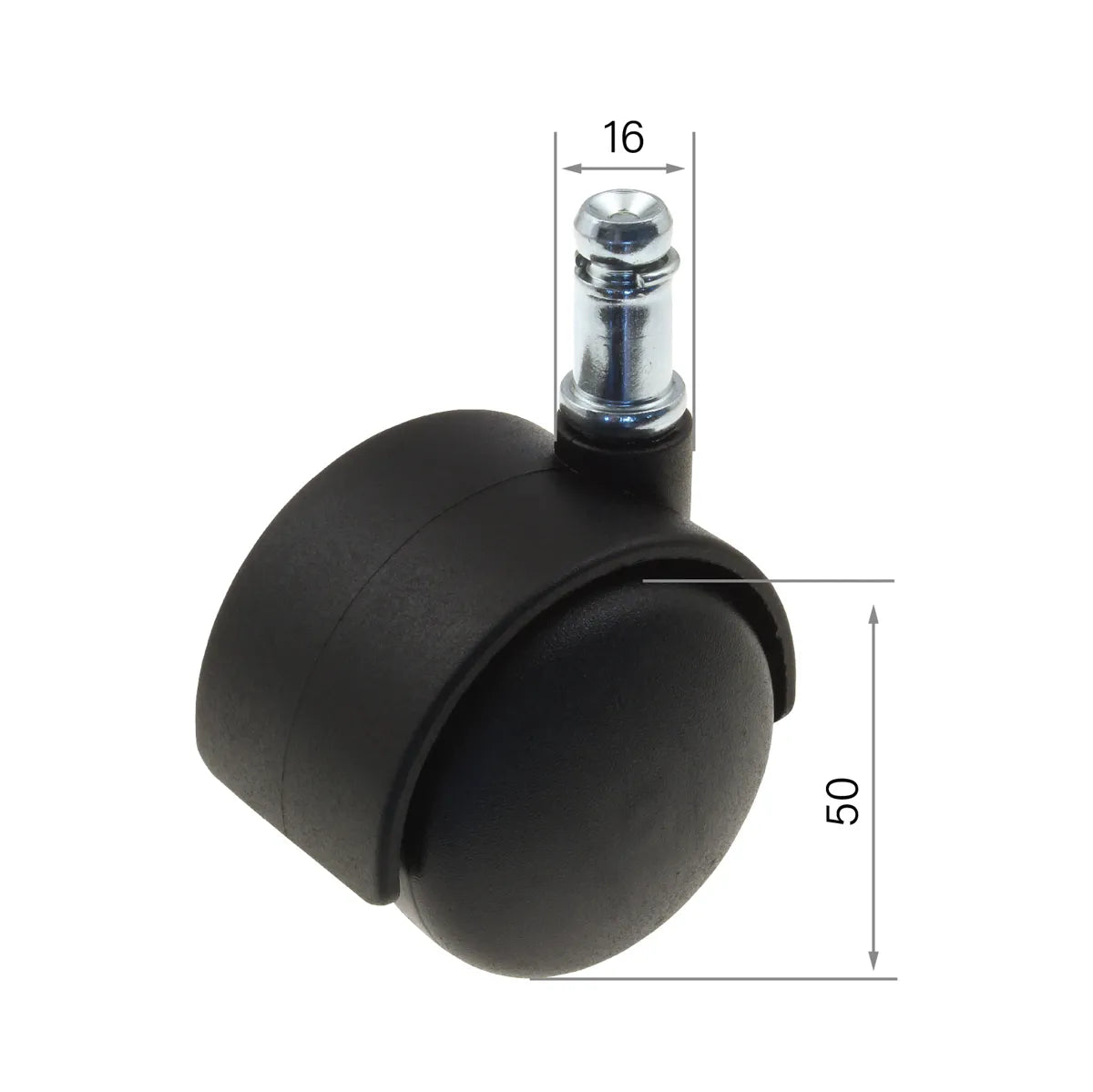 CenturyShine T-16/50 Castor Dimensional Drawing. Provides detailed specifications for the neck diameter and wheel diameter, offering B2B clients precise technical data for optimal compatibility and integration.