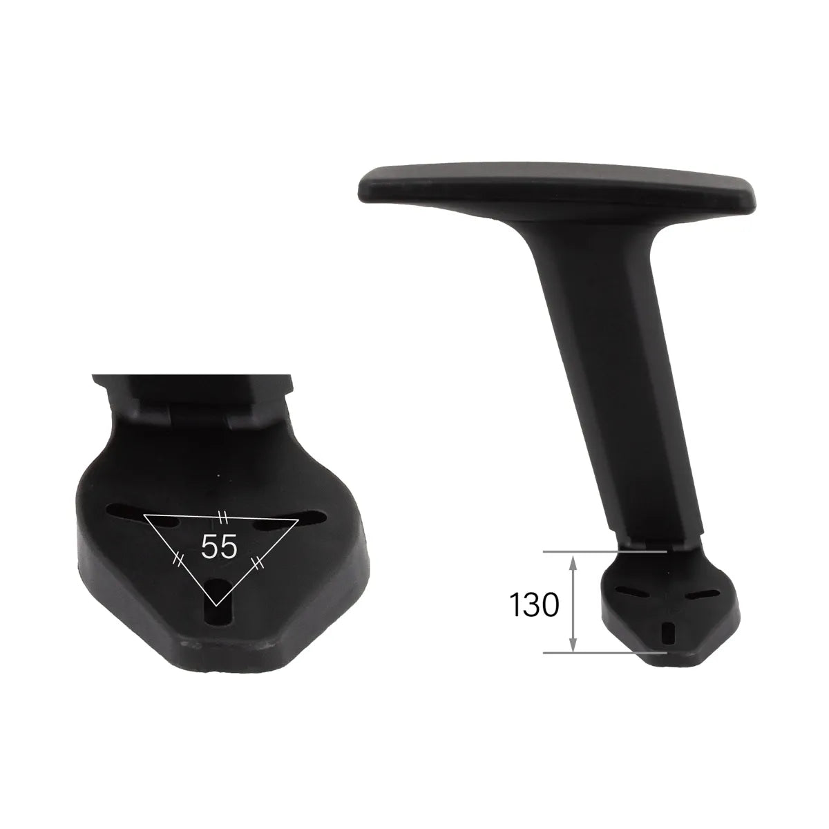 CenturyShine TL-701 Armrest Mounting Dimensions. Detailed specifications including triangular mounting hole center distance and mounting surface depth. Providing B2B clients with precise compatibility data for seamless integration.