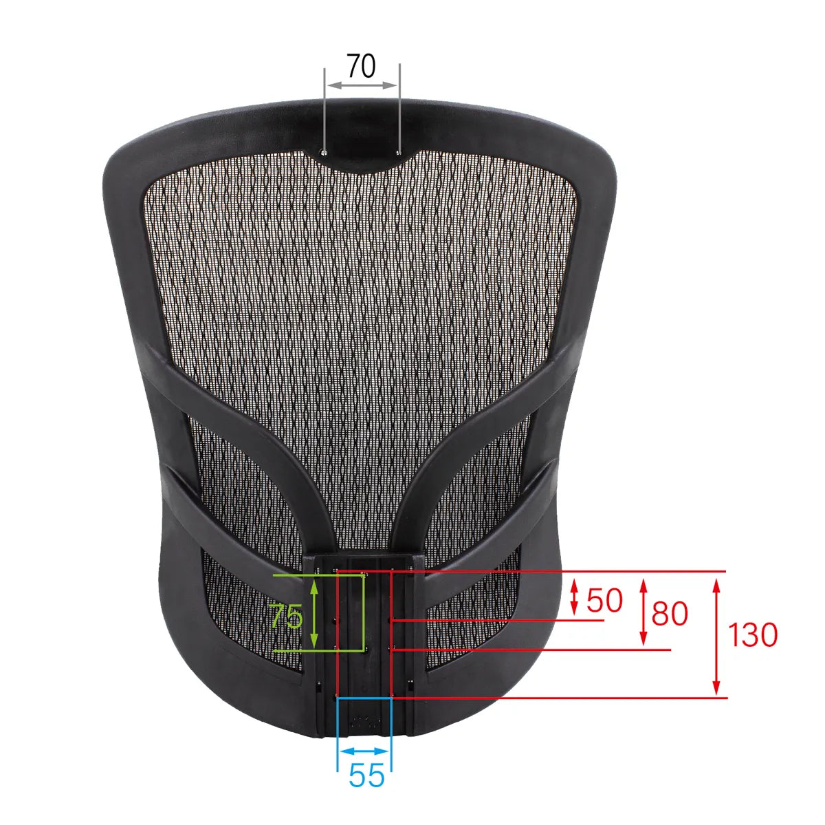 CenturyShine TQ-500W Backrest Mounting Hole Pattern. Provides detailed center-to-center hole dimensions, offering B2B clients precise technical data for accurate fitment and assembly.