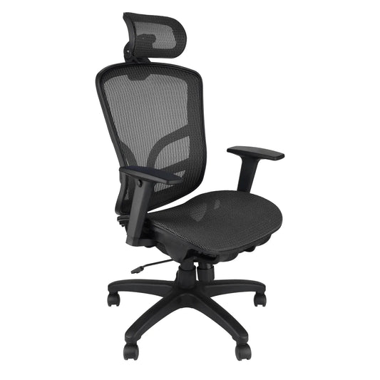 CenturyShine E32 Pro 全網主管椅 45 度側向圖：核心配件通過 BIFMA X5.1 認證，採用杜邦網布，台灣製造，支援全椅整裝配送與大宗專案採購。