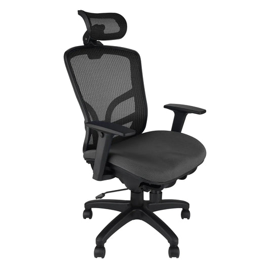 CenturyShine E32 Pro 半網主管椅 45 度側向圖：核心配件通過 BIFMA X5.1 認證，採用成型泡棉，台灣製造，支援全椅整裝配送與大宗專案採購。