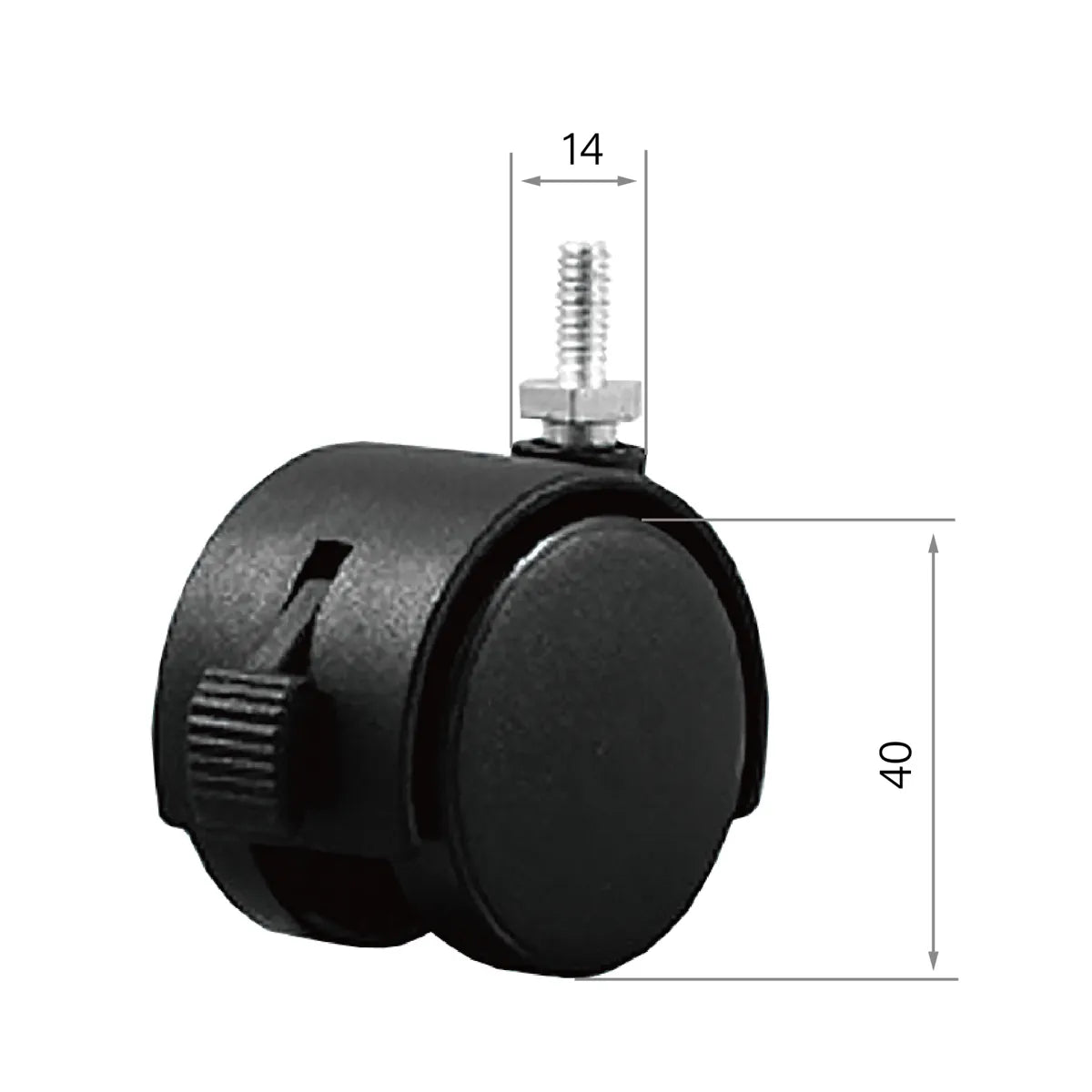 CenturyShine T-12/40X Castor Dimensional Drawing. Provides detailed specifications for the neck diameter and wheel diameter, offering B2B clients precise technical data for optimal compatibility and integration.