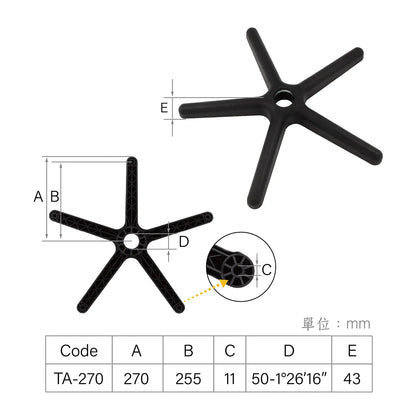 CenturyShine TA Series Chair Base Technical Specifications. Detailed dimensions covering base radius, hole-to-hole center distance, caster socket diameter, Morse taper, and vertical height. Demonstrating our Taiwan factory's precision control over core components to ensure product consistency for bulk procurement.