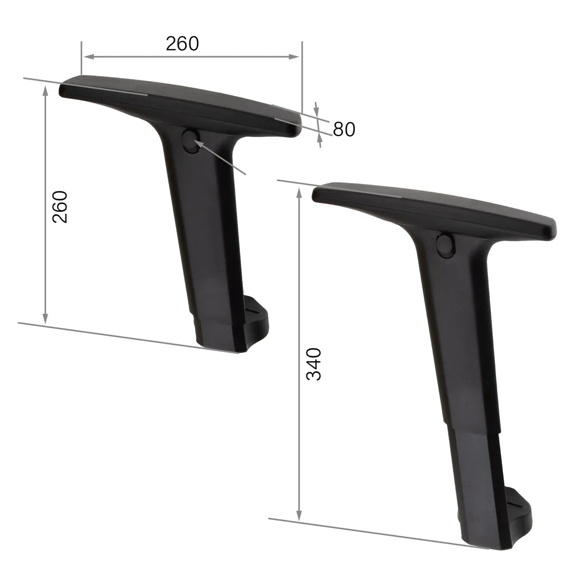 CenturyShine TL-701 Armrest Technical Specifications. Detailed dimensions covering length, width, and height, along with precise vertical adjustment data.