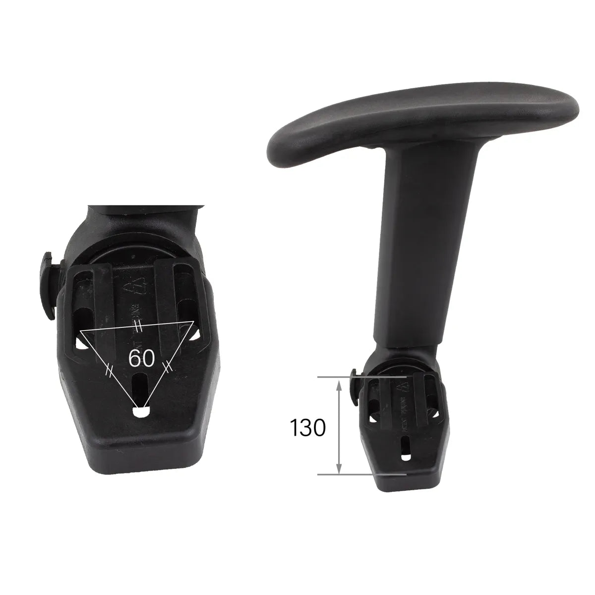 CenturyShine TL-802 Armrest Mounting Dimensions. Detailed specifications including triangular mounting hole center distance and mounting surface depth. Providing B2B clients with precise compatibility data for seamless integration.