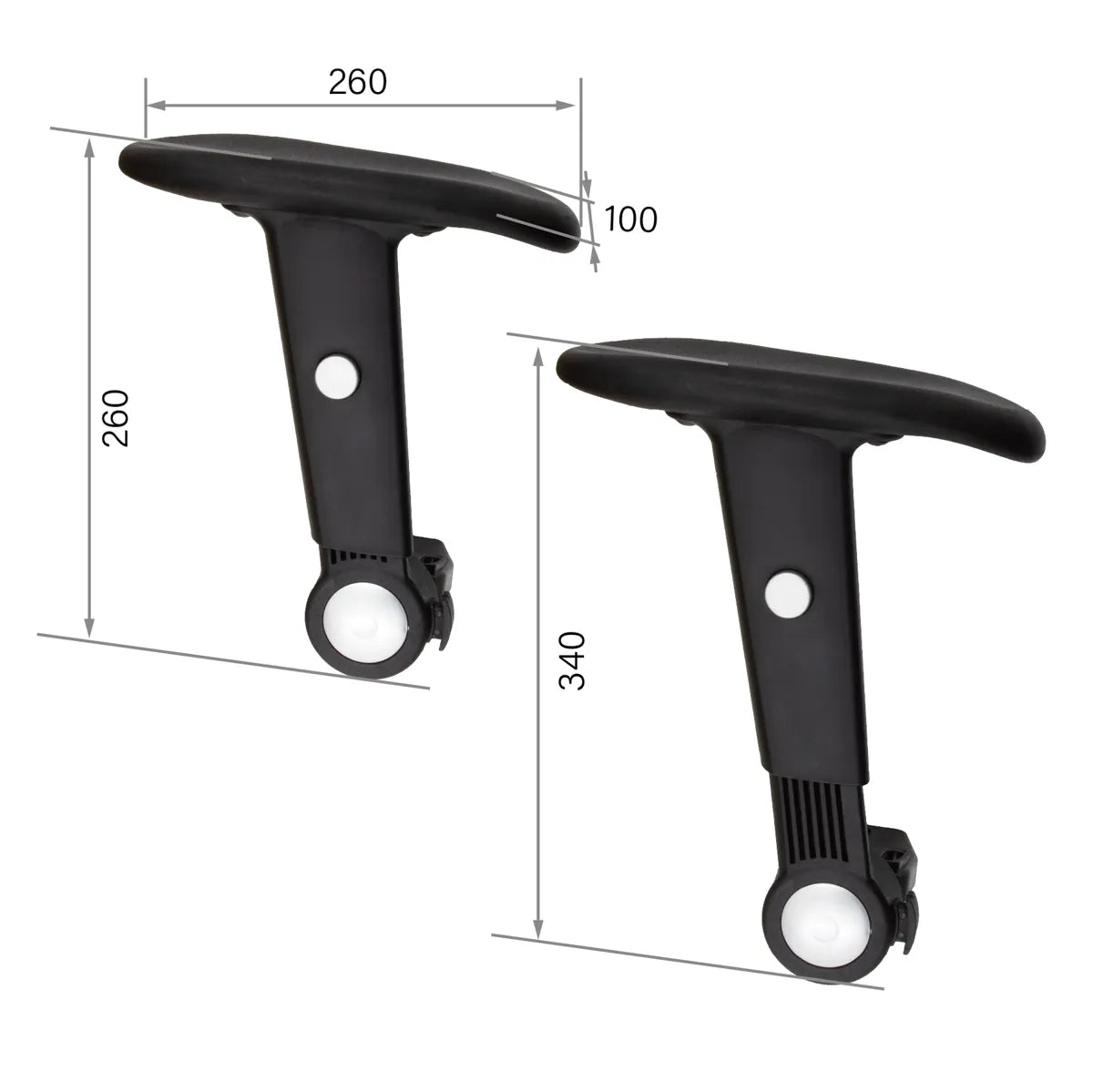 CenturyShine TL-802 Armrest Technical Specifications. Detailed dimensions covering length, width, and height, along with precise vertical adjustment data.