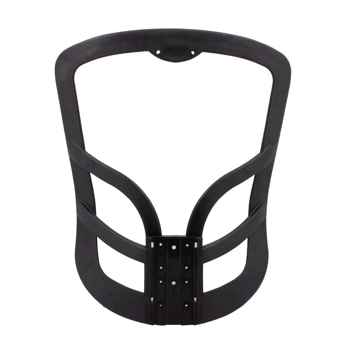 CenturyShine TQ-500 Backrest Frame Studio View. Features an ergonomic curved design with geometric triangular reinforcement ribs extending from both lower sides toward the center, enhancing lumbar support strength and overall frame rigidity.